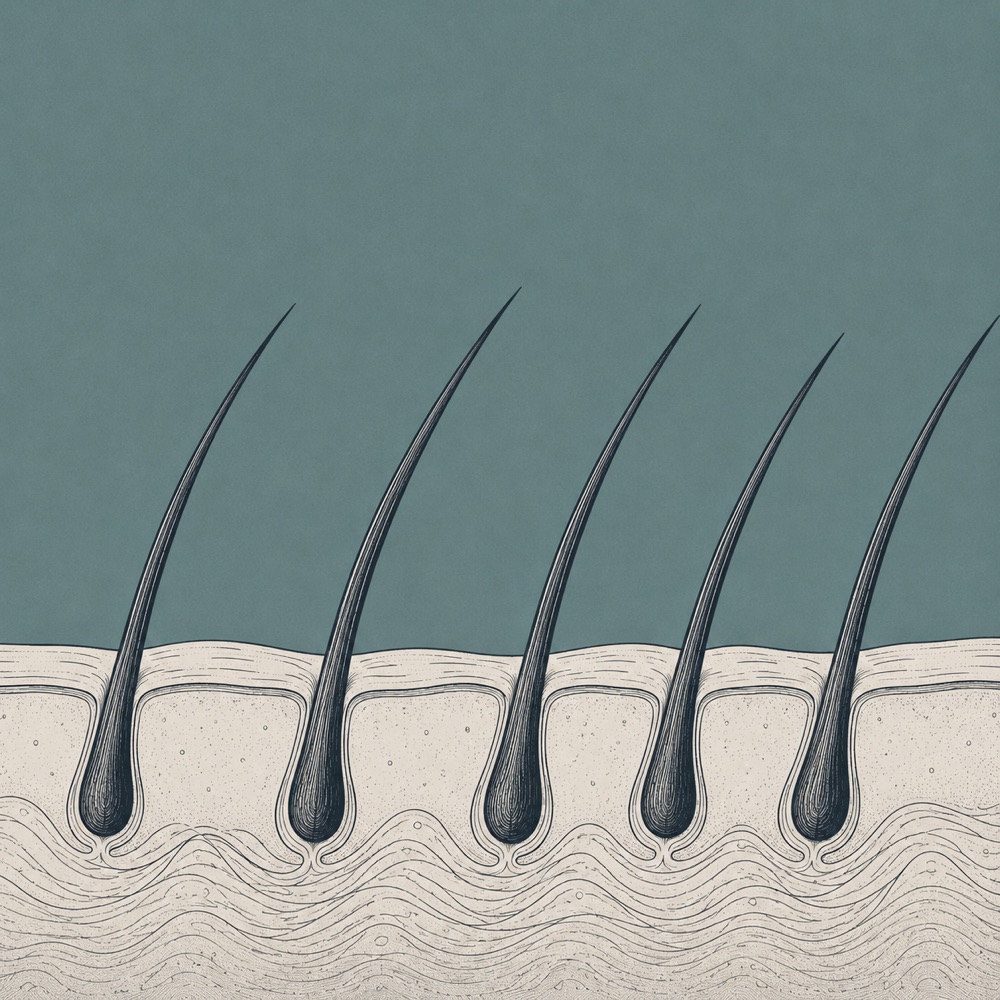 Minimal illustration: a side cutaway of beard hairs growing from the skin layer.