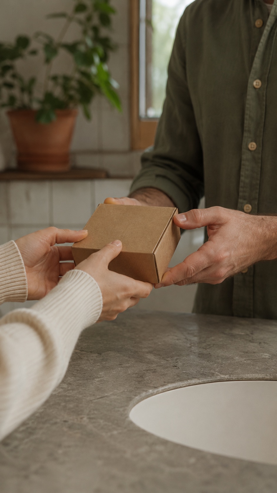A partner hands the compact kraft neath box across a softly lit bathroom counter.