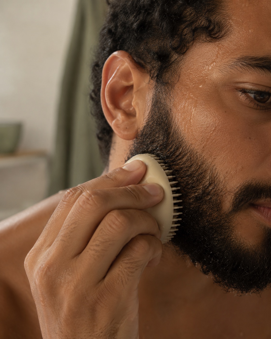 A man works a soft silicone tool through his dense beard to reach the skin beneath, in a warm bathroom.