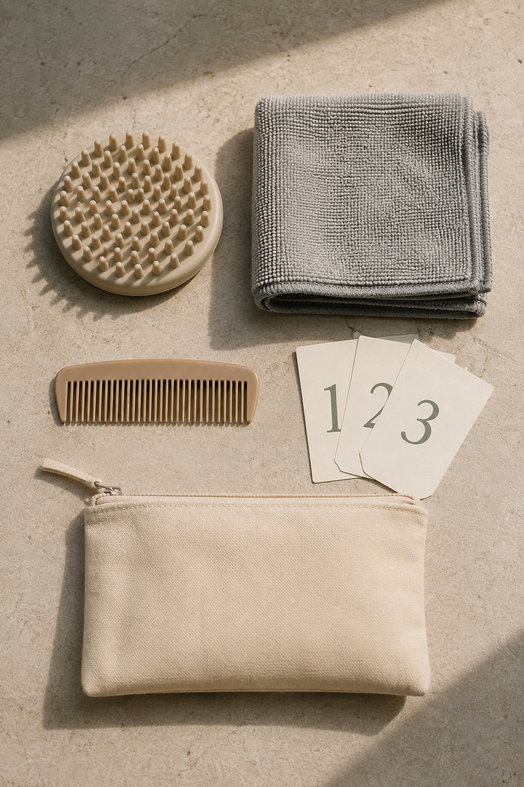 The neath Routine laid out on warm stone: silicone tool, folded gray microfiber towel, comb, numbered cards, and canvas zip pouch.