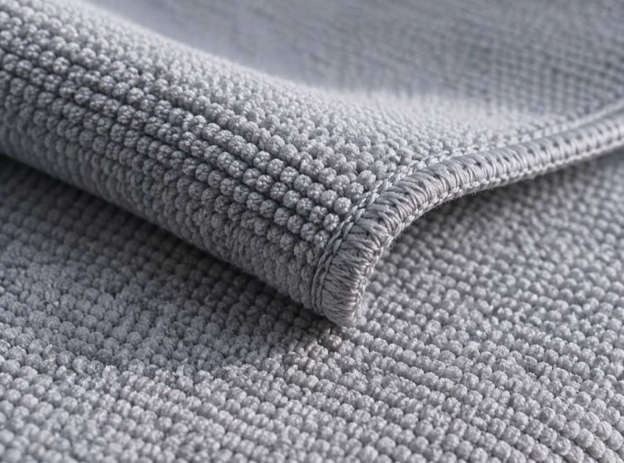Texture detail of the folded light-gray microfiber towel.
