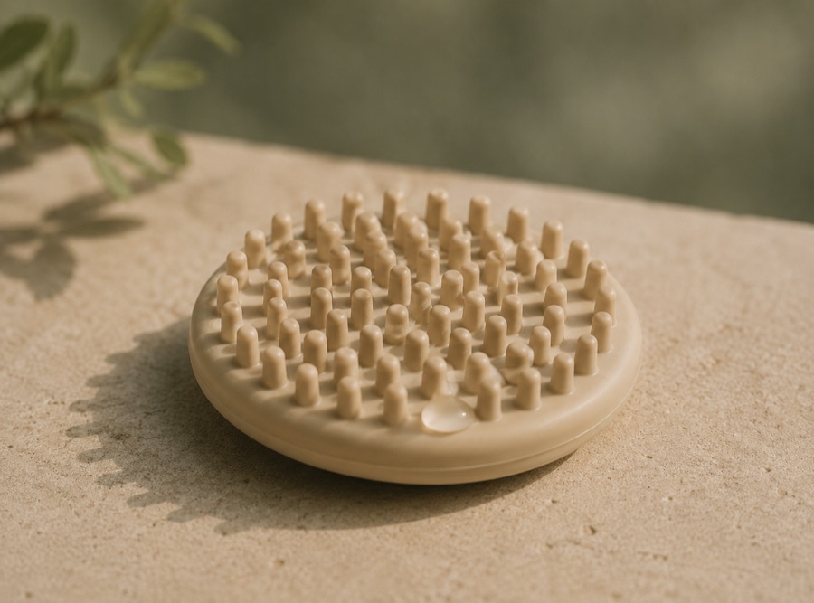 Macro detail of the beige silicone tool on warm stone.