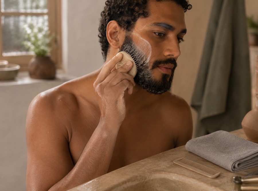 A man uses the silicone tool on his lathered beard at a bathroom sink.
